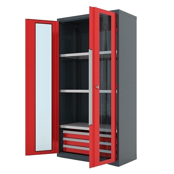 Шкаф инструментальный FERRUM "Premium" 1000х500х1950 h двери стеклом, 3 ящика, 3 полки RAL7016/3000 13.1332
