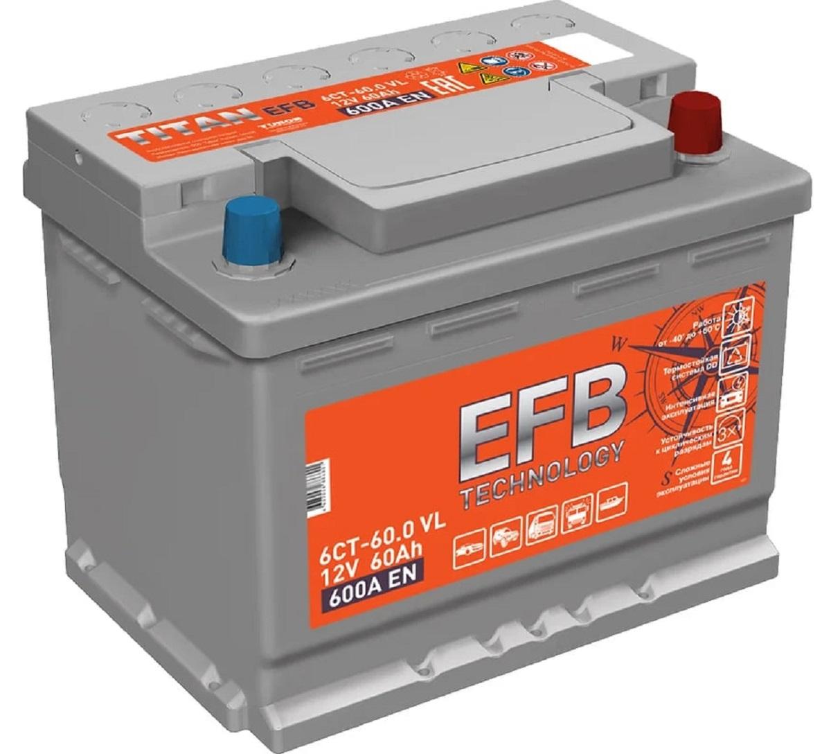 Аккумулятор TITAN EFB 60.0 VL 600А 4607008886801