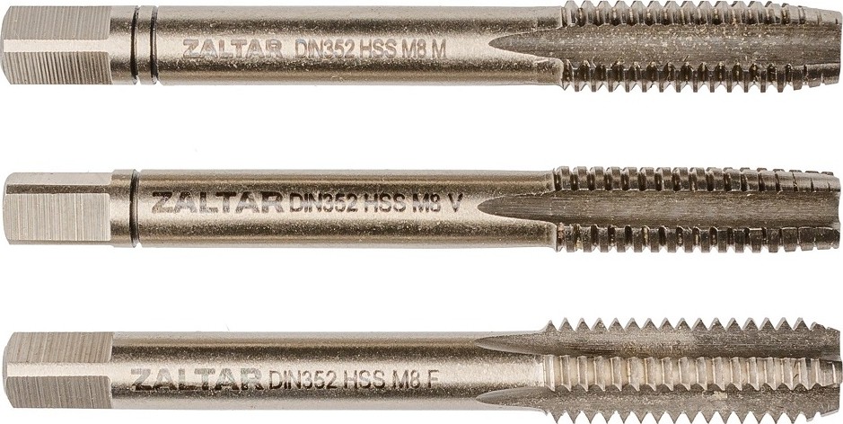 Изображение товара Набор метчиков ZALTAR DIN 352, HSS, 3 пр., Nr.1/Nr.2/Nr.3, M8x1.25 ручных ZA-10020 Изображение товара Набор метчиков ZALTAR DIN 352, HSS, 3 пр., Nr.1/Nr.2/Nr.3, M8x1.25 ручных ZA-10020