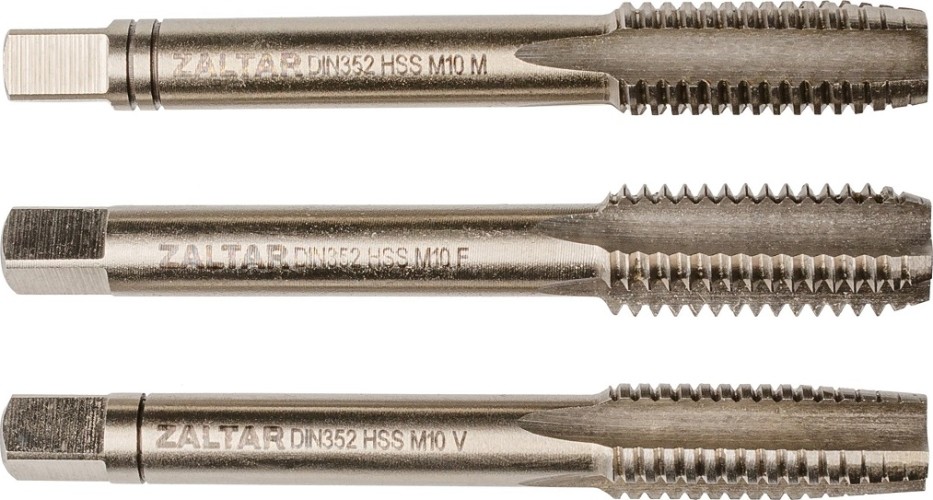 Изображение товара Набор метчиков ZALTAR DIN 352, HSS, 3 пр., Nr.1/Nr.2/Nr.3, M10x1.5 ручных ZA-10024 Изображение товара Набор метчиков ZALTAR DIN 352, HSS, 3 пр., Nr.1/Nr.2/Nr.3, M10x1.5 ручных ZA-10024